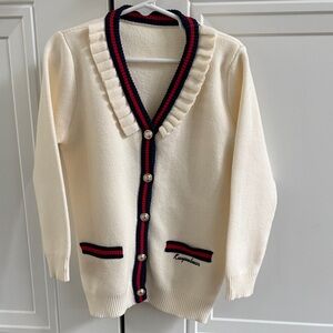 Cream Cardigan with Navy & Red Trim